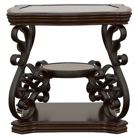 Laney Glass Top Coffee, End & Sofa Tables - Traditional Scrollwork in Dark Merlot & Bronze – view 17