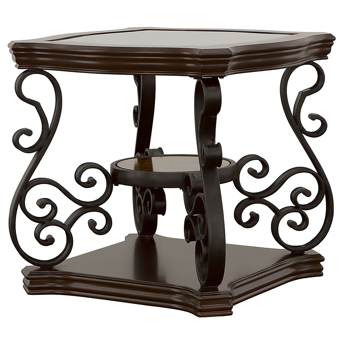 Laney Glass Top Coffee, End & Sofa Tables - Traditional Scrollwork in Dark Merlot & Bronze – view 18
