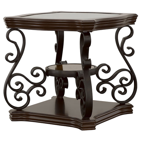 Laney Glass Top Coffee, End & Sofa Tables - Traditional Scrollwork in Dark Merlot & Bronze – view 18