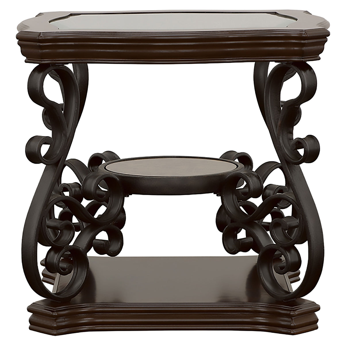 Laney Glass Top Coffee, End & Sofa Tables - Traditional Scrollwork in Dark Merlot & Bronze – view 19