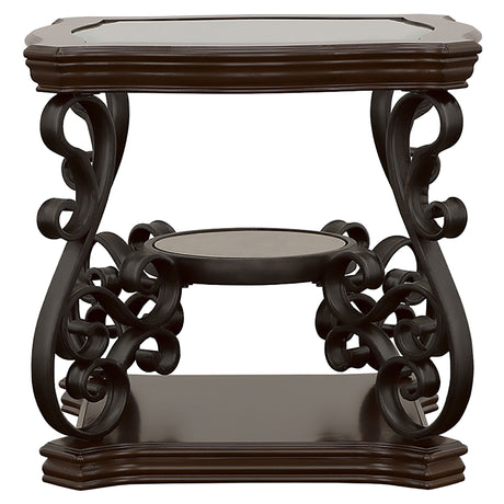 Laney Glass Top Coffee, End & Sofa Tables - Traditional Scrollwork in Dark Merlot & Bronze – view 19