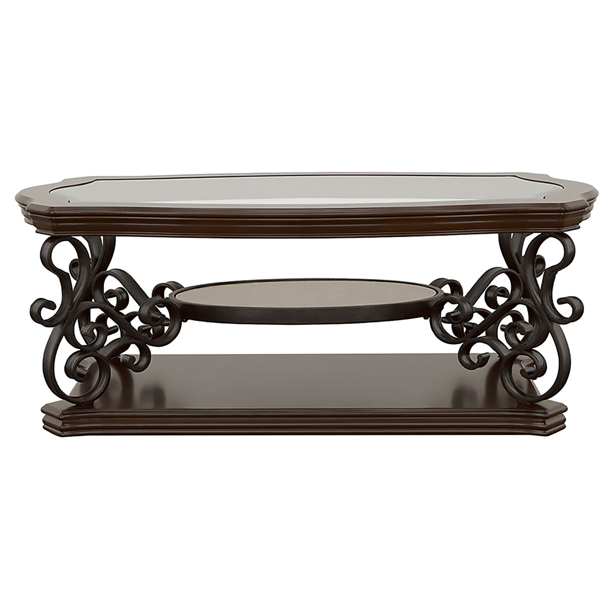 Laney Glass Top Coffee, End & Sofa Tables - Traditional Scrollwork in Dark Merlot & Bronze – view 9