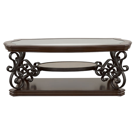 Laney Glass Top Coffee, End & Sofa Tables - Traditional Scrollwork in Dark Merlot & Bronze – view 9