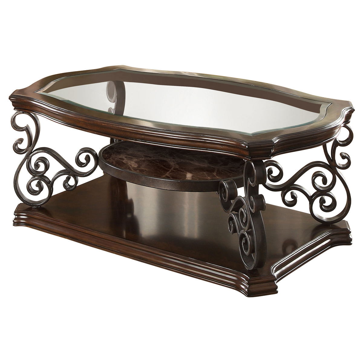 Laney Glass Top Coffee, End & Sofa Tables - Traditional Scrollwork in Dark Merlot & Bronze – view 10