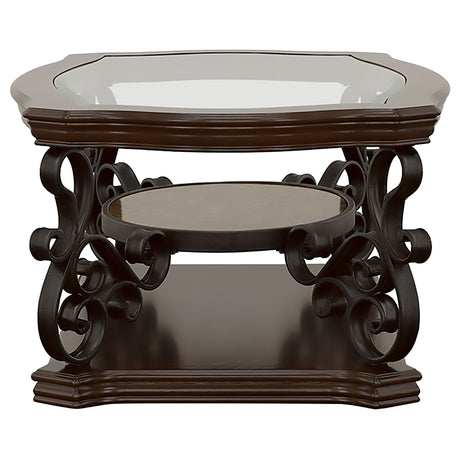 Laney Glass Top Coffee, End & Sofa Tables - Traditional Scrollwork in Dark Merlot & Bronze – view 11