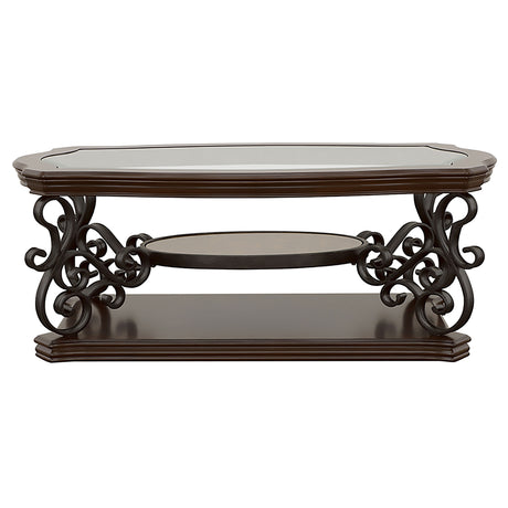 Laney Glass Top Coffee, End & Sofa Tables - Traditional Scrollwork in Dark Merlot & Bronze – view 12