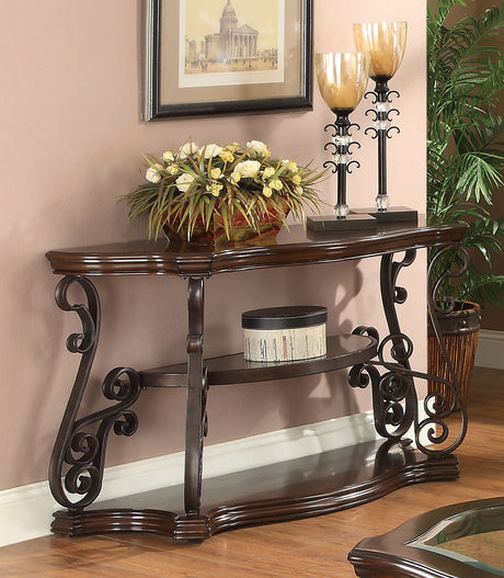 Laney Glass Top Coffee, End & Sofa Tables - Traditional Scrollwork in Dark Merlot & Bronze - lifestyle