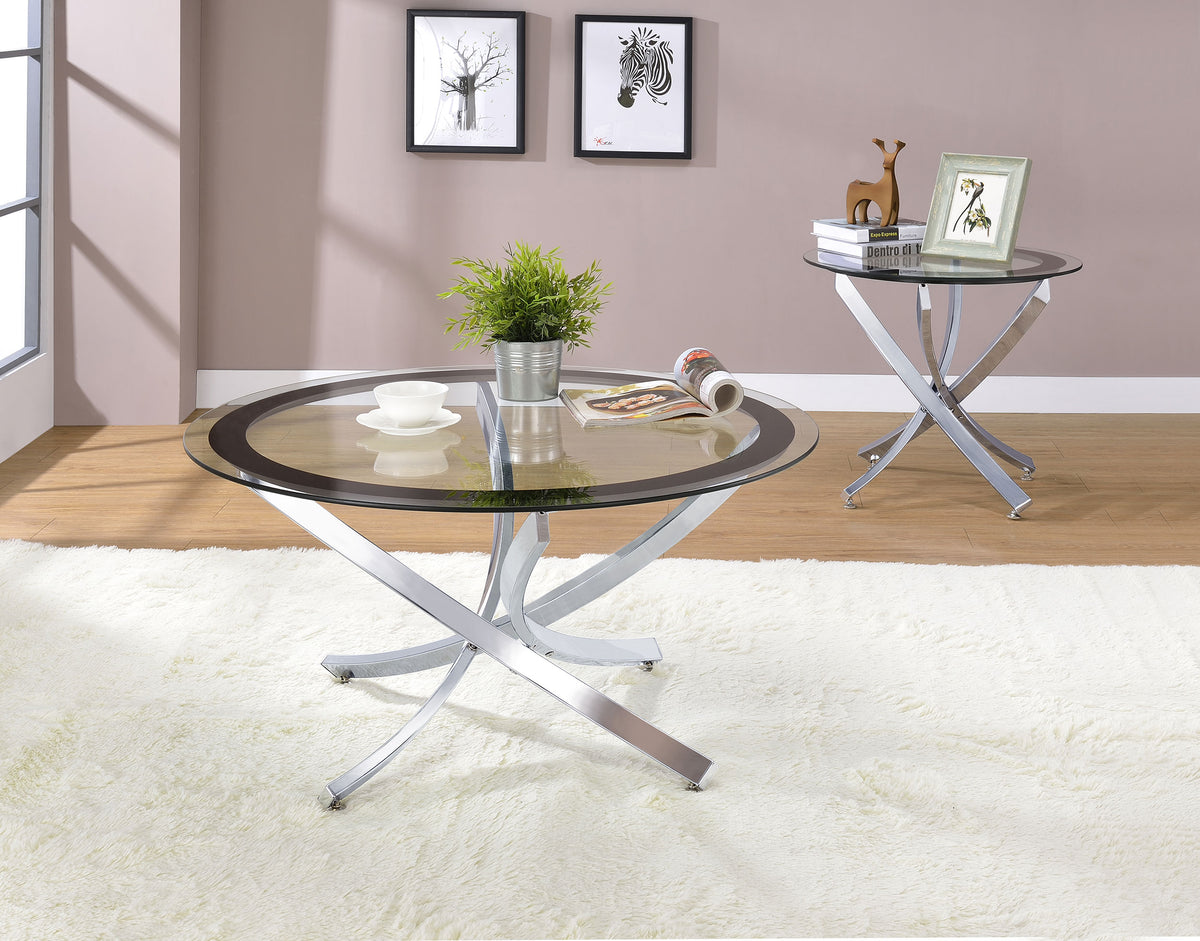 Brooke Round Glass Top Coffee Table & End Table - Crisscross Chrome Base with Black Frame, Table Sets – view 10