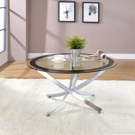 Brooke Round Glass Top Coffee Table & End Table - Crisscross Chrome Base with Black Frame, Table Sets – view 1