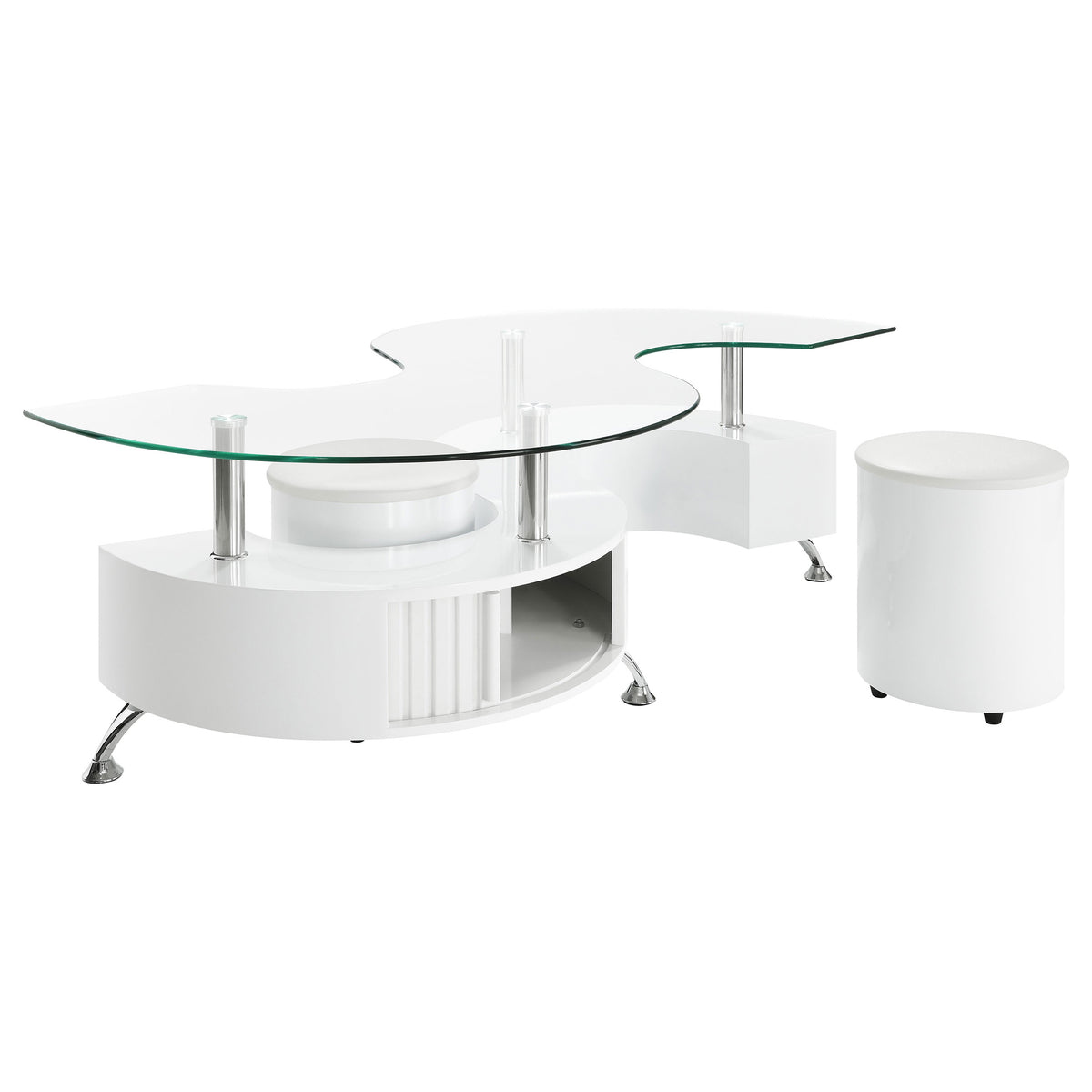 Buckley 3-Piece Coffee Table & Stools Set - Serpentine Glass Top with Storage in White High Gloss – view 2
