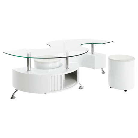 Buckley 3-Piece Coffee Table & Stools Set - Serpentine Glass Top with Storage in White High Gloss – view 2