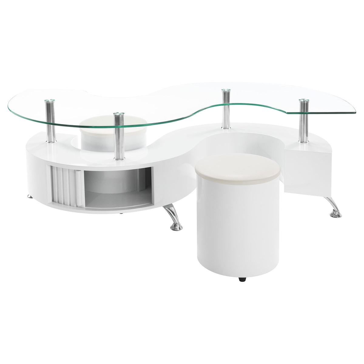 Buckley 3-Piece Coffee Table & Stools Set - Serpentine Glass Top with Storage in White High Gloss – view 3