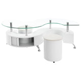 Buckley 3-Piece Coffee Table & Stools Set - Serpentine Glass Top with Storage in White High Gloss – view 3