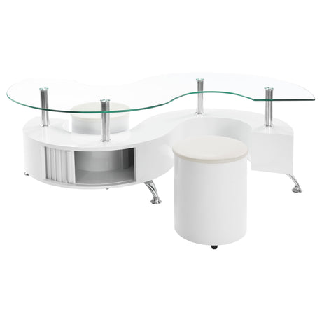 Buckley 3-Piece Coffee Table & Stools Set - Serpentine Glass Top with Storage in White High Gloss – view 3
