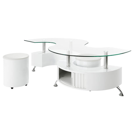 Buckley 3-Piece Coffee Table & Stools Set - Serpentine Glass Top with Storage in White High Gloss – view 4