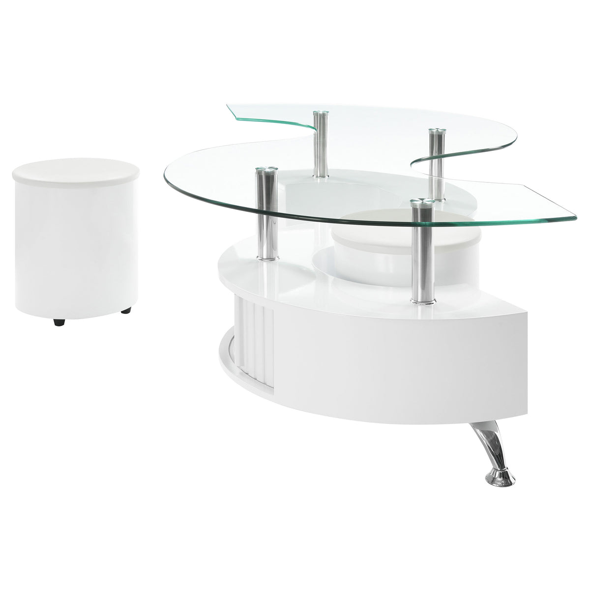 Buckley 3-Piece Coffee Table & Stools Set - Serpentine Glass Top with Storage in White High Gloss – view 5