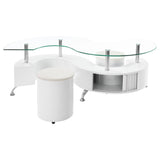 Buckley 3-Piece Coffee Table & Stools Set - Serpentine Glass Top with Storage in White High Gloss – view 7