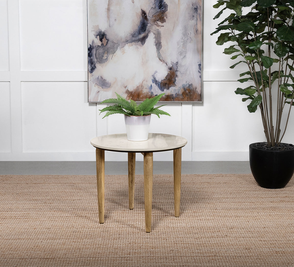 Aldis Round Marble Top Coffee & End Table - White Marble on Natural Mango Wood Tapered Legs – view 11