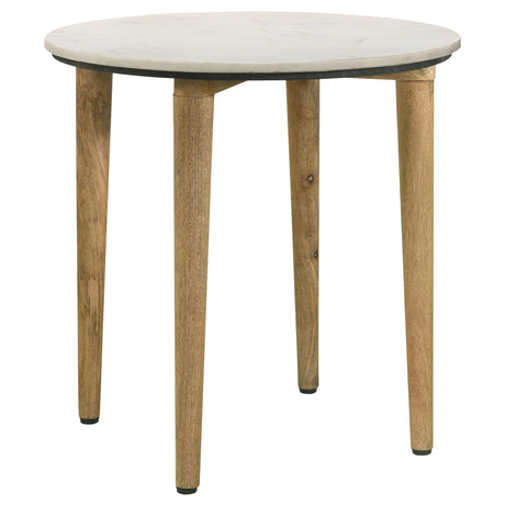 Aldis Round Marble Top Coffee & End Table - White Marble on Natural Mango Wood Tapered Legs – view 18