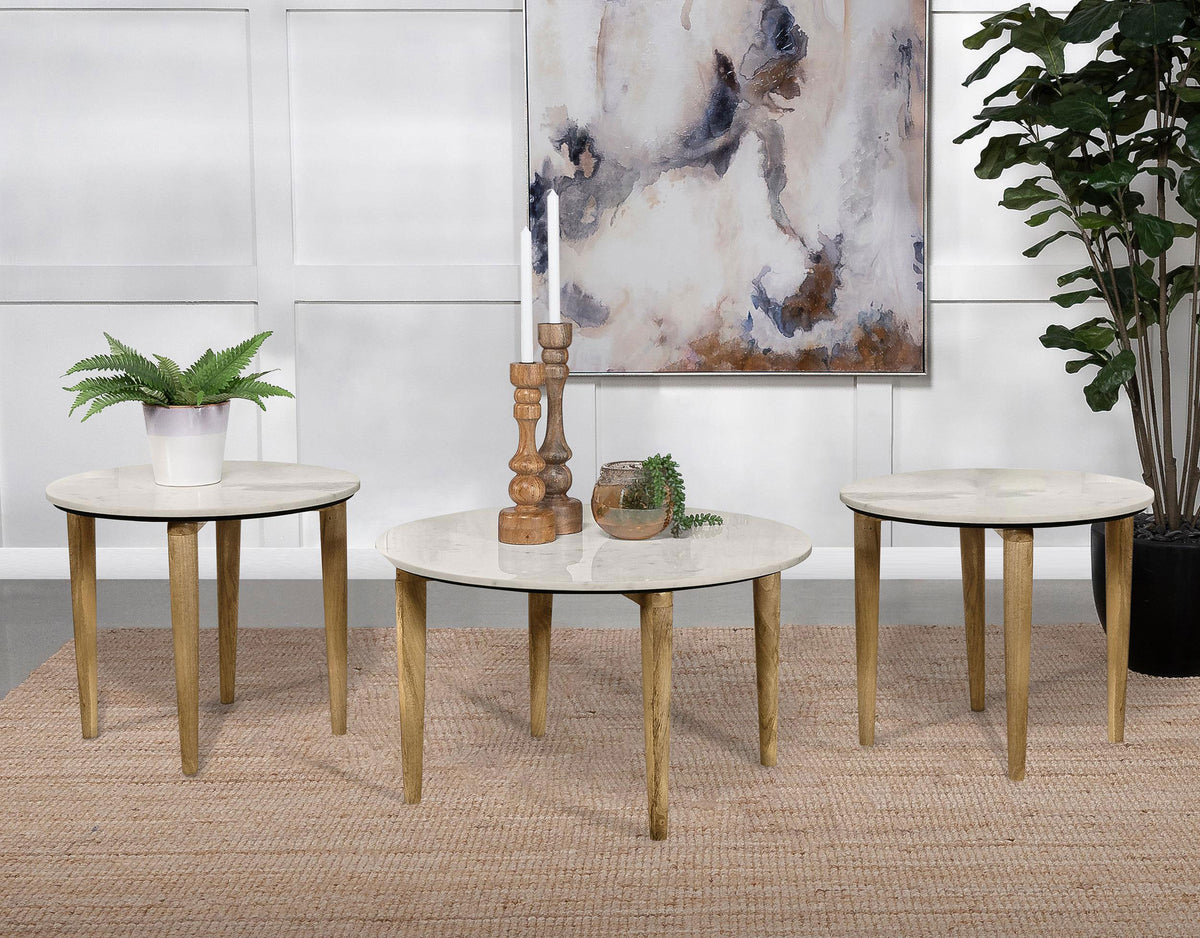 Aldis Round Marble Top Coffee & End Table - 3pcs- Coffee Table + 2 End Tables