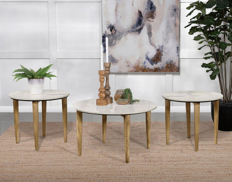 Aldis Round Marble Top Coffee & End Table - 3pcs- Coffee Table + 2 End Tables