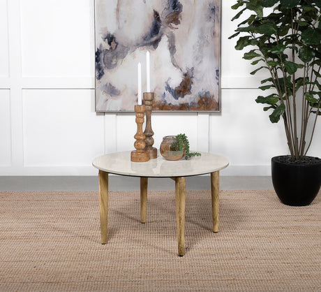Aldis Round Marble Top Coffee & End Table - White Marble on Natural Mango Wood Tapered Legs – view 1