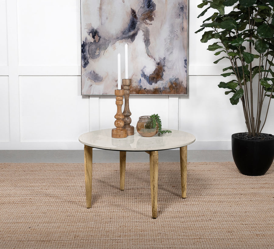 Aldis Round Marble Top Coffee & End Table - White Marble on Natural Mango Wood Tapered Legs