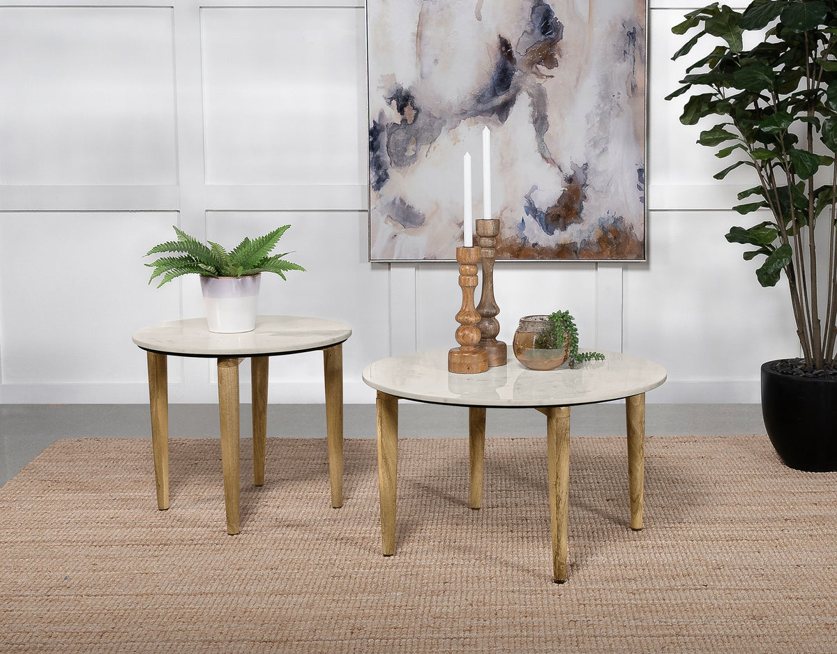 Aldis Round Marble Top Coffee & End Table - White Marble on Natural Mango Wood Tapered Legs – view 10