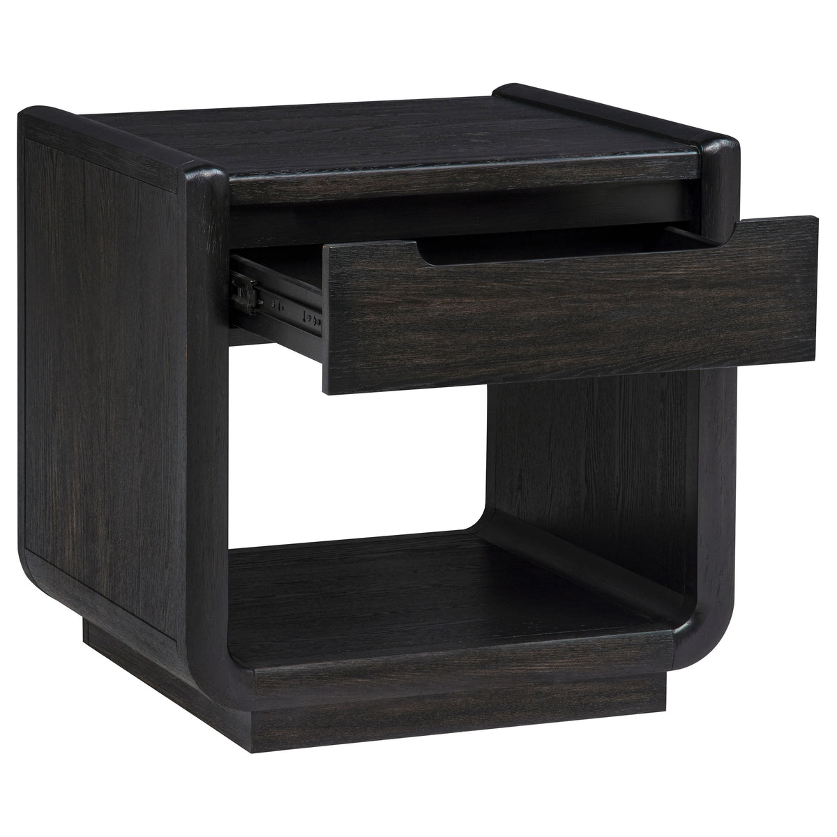 Leandro Coffee Table, End Table & Sofa Console - Burnished Black Ash with Drawers & Open Shelves – view 15