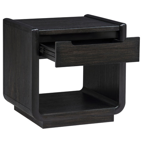 Leandro Coffee Table, End Table & Sofa Console - Burnished Black Ash with Drawers & Open Shelves – view 15