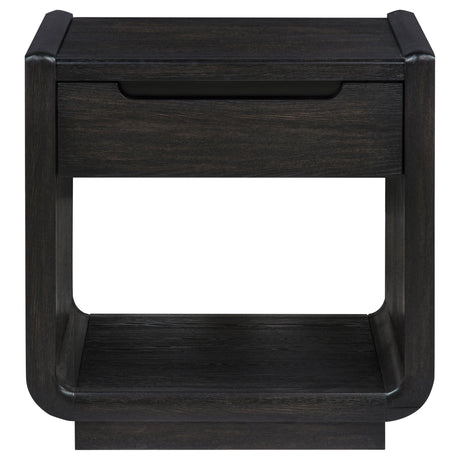 Leandro Coffee Table, End Table & Sofa Console - Burnished Black Ash with Drawers & Open Shelves – view 16