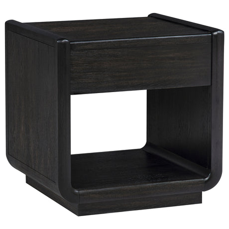 Leandro Coffee Table, End Table & Sofa Console - Burnished Black Ash with Drawers & Open Shelves – view 19