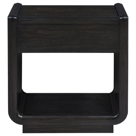 Leandro Coffee Table, End Table & Sofa Console - Burnished Black Ash with Drawers & Open Shelves – view 20