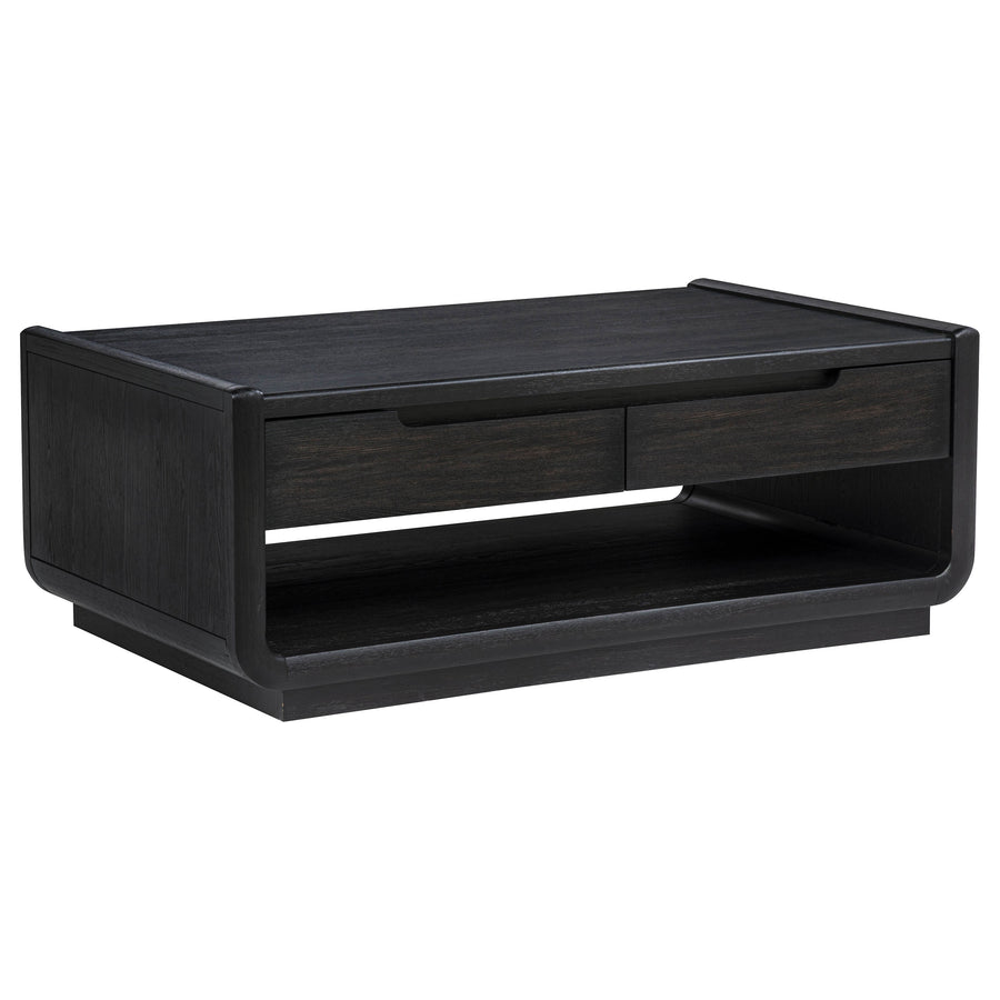 Leandro Coffee Table, End Table & Sofa Console - Burnished Black Ash with Drawers & Open Shelves