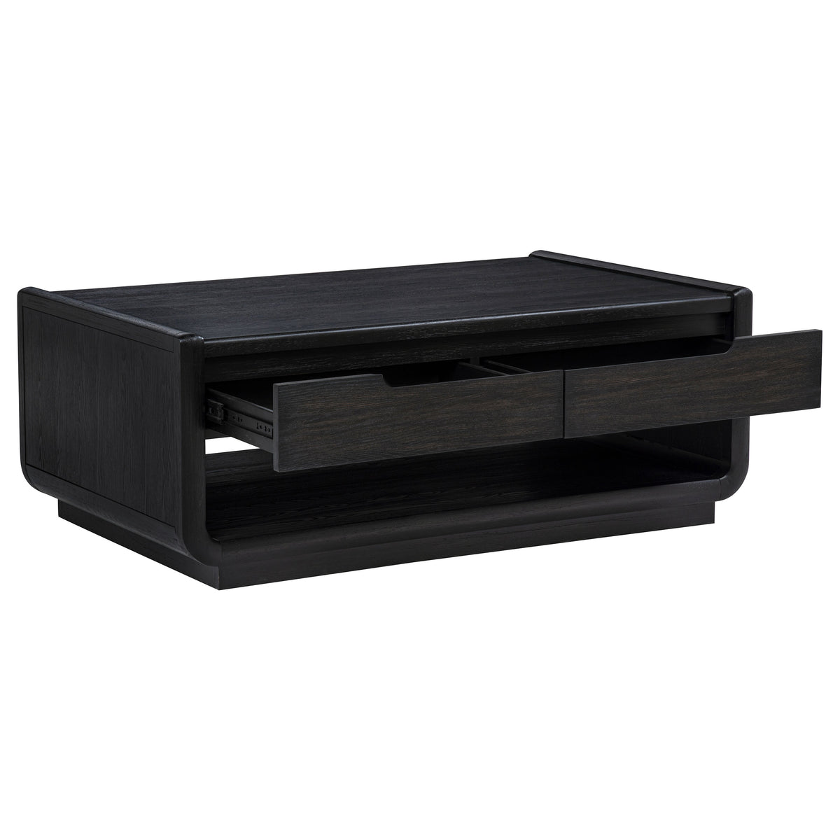 Leandro Coffee Table, End Table & Sofa Console - Burnished Black Ash with Drawers & Open Shelves – view 6