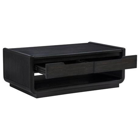 Leandro Coffee Table, End Table & Sofa Console - Burnished Black Ash with Drawers & Open Shelves – view 6