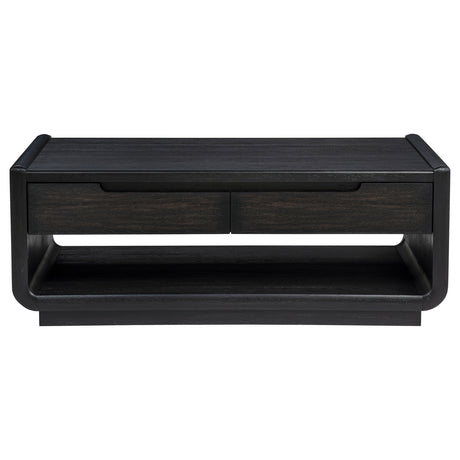Leandro Coffee Table, End Table & Sofa Console - Burnished Black Ash with Drawers & Open Shelves – view 7
