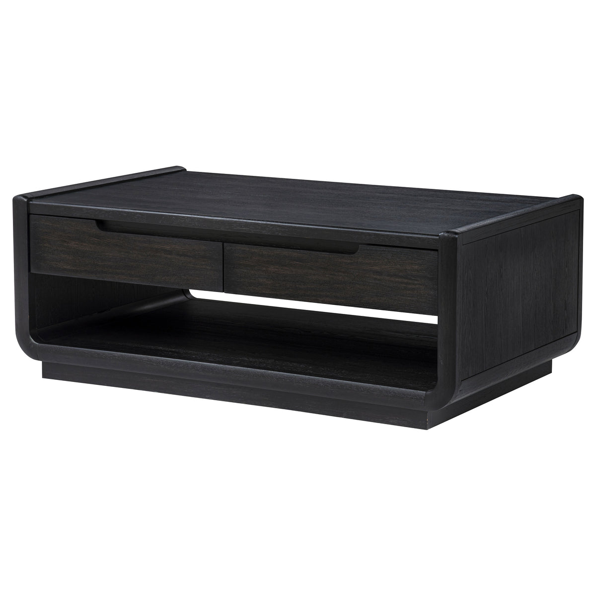 Leandro Coffee Table, End Table & Sofa Console - Burnished Black Ash with Drawers & Open Shelves – view 8