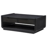 Leandro Coffee Table, End Table & Sofa Console - Burnished Black Ash with Drawers & Open Shelves – view 8