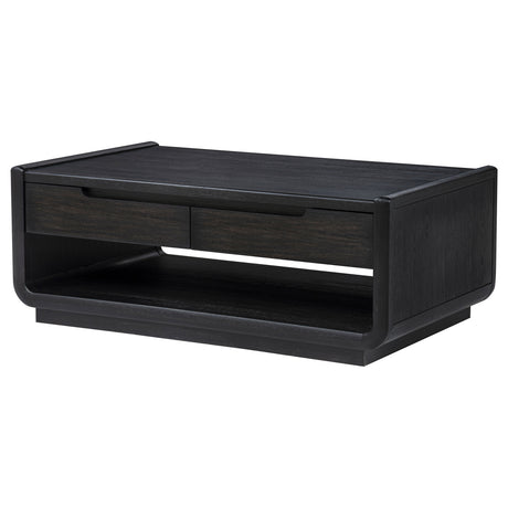 Leandro Coffee Table, End Table & Sofa Console - Burnished Black Ash with Drawers & Open Shelves – view 8