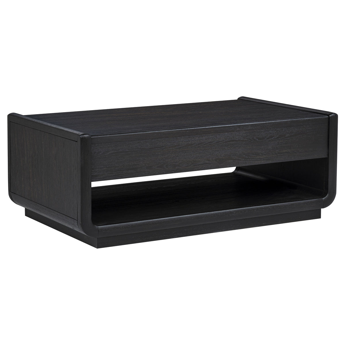 Leandro Coffee Table, End Table & Sofa Console - Burnished Black Ash with Drawers & Open Shelves – view 10