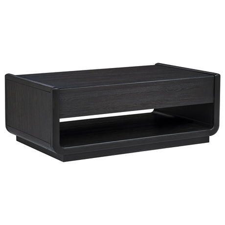 Leandro Coffee Table, End Table & Sofa Console - Burnished Black Ash with Drawers & Open Shelves – view 10