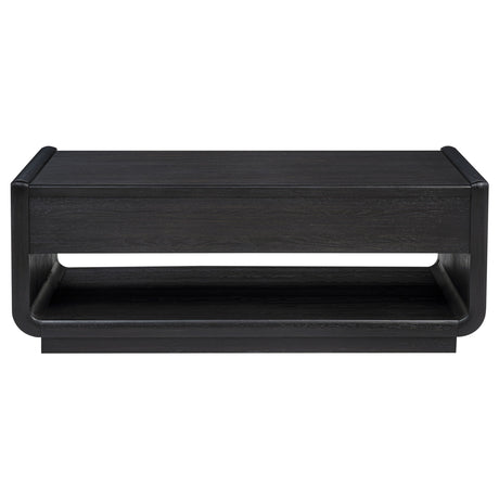 Leandro Coffee Table, End Table & Sofa Console - Burnished Black Ash with Drawers & Open Shelves – view 11