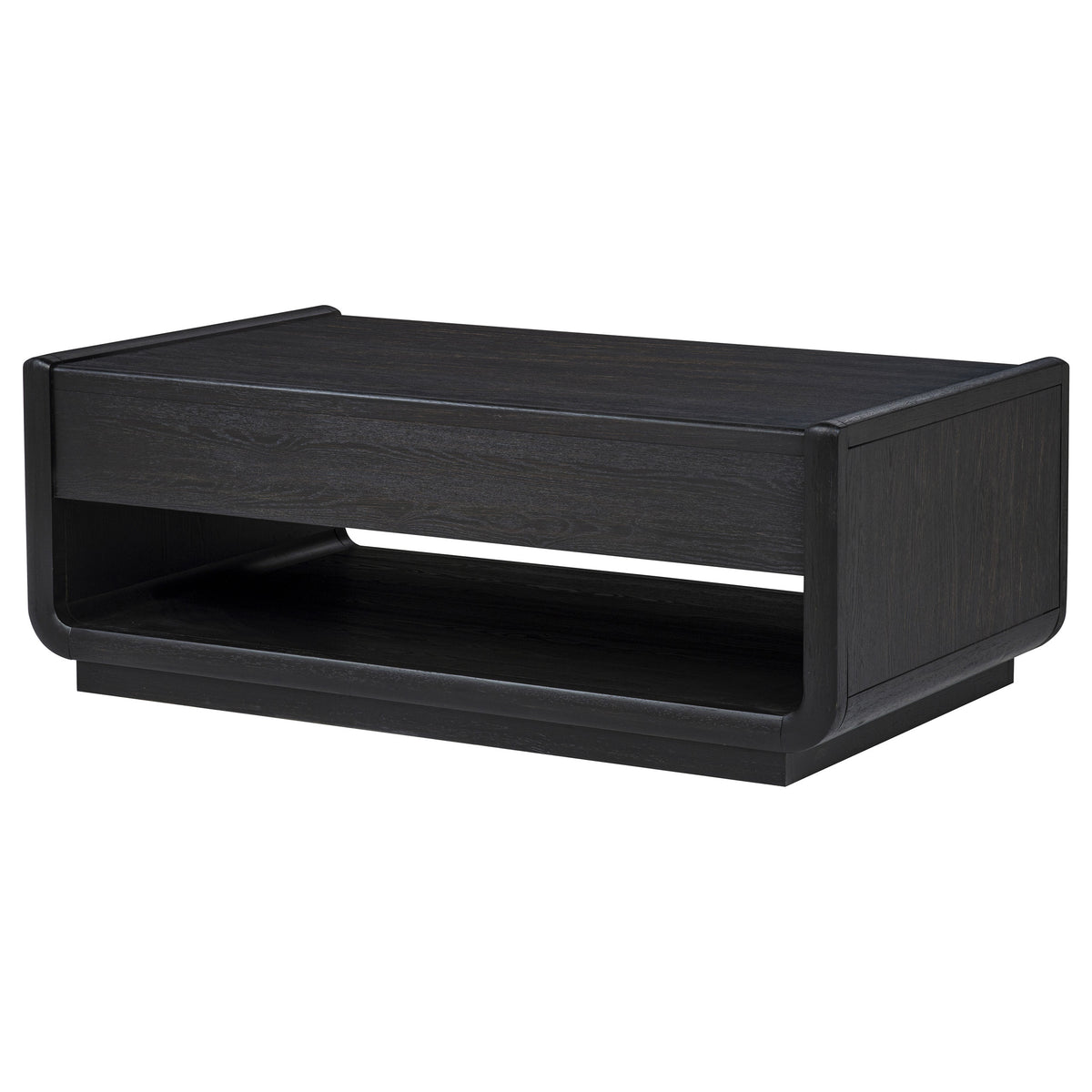 Leandro Coffee Table, End Table & Sofa Console - Burnished Black Ash with Drawers & Open Shelves – view 12