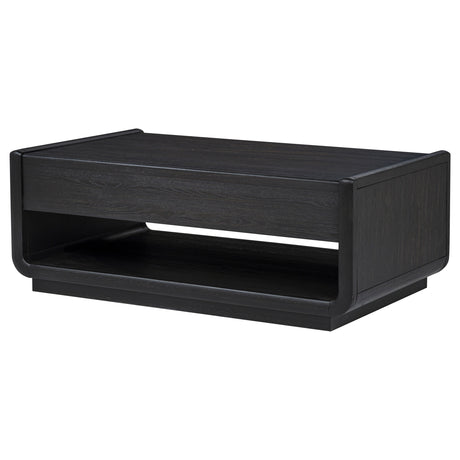 Leandro Coffee Table, End Table & Sofa Console - Burnished Black Ash with Drawers & Open Shelves – view 12