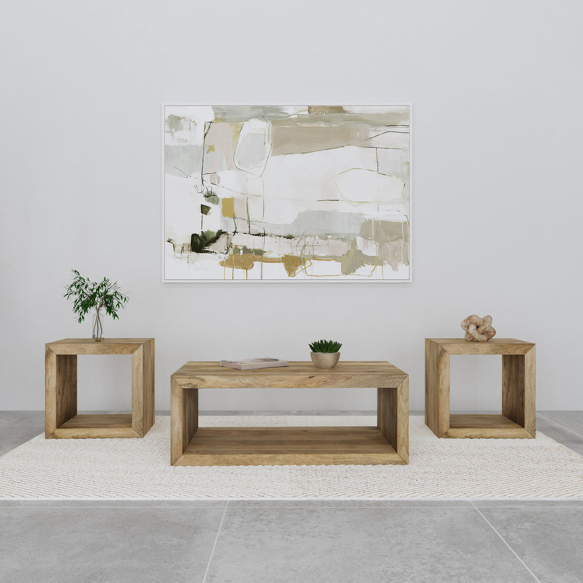 Benton Solid Mango Wood Coffee, End & Console Tables - 3pcs- Rectangular Coffee Table + 2 End Tables