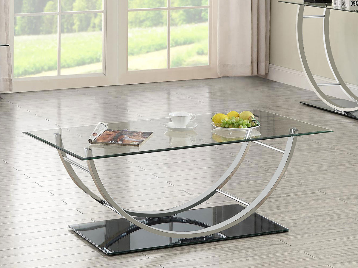 Danville Glass Top Coffee, End & Console Tables - Mirrored Base with Curved Chrome Frame – view 1
