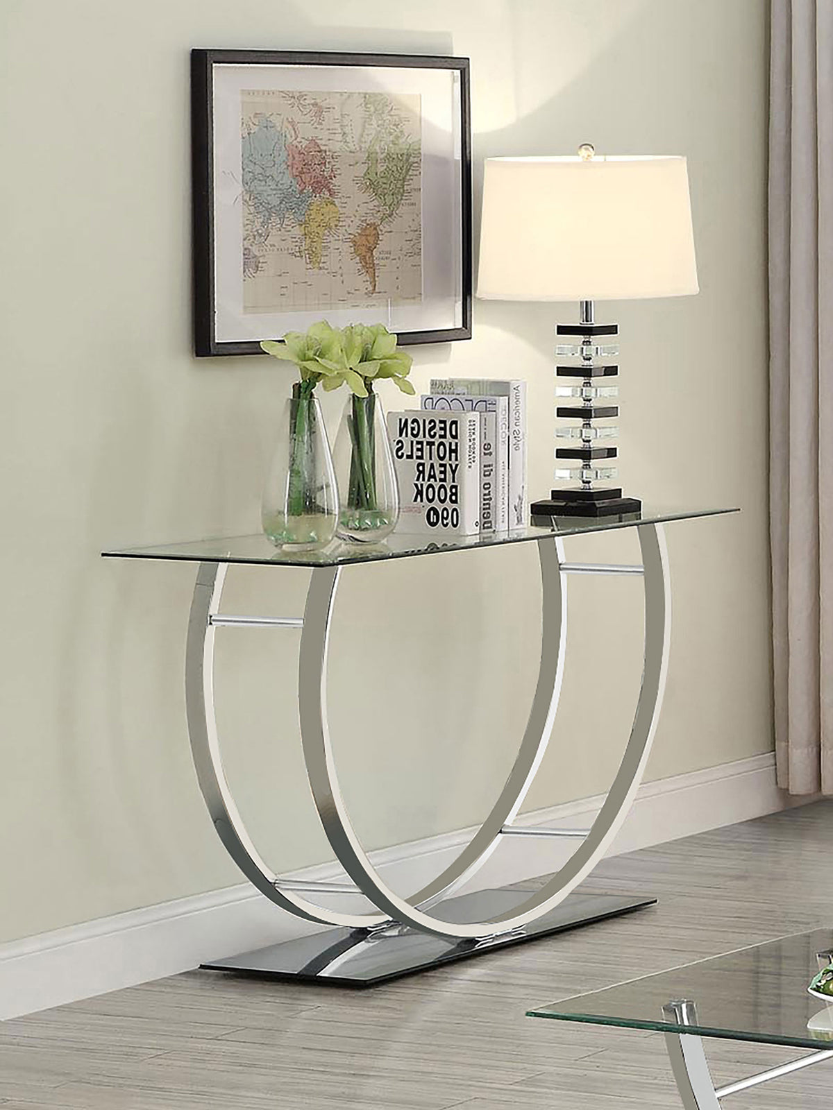 Danville Glass Top Coffee, End & Console Tables - Mirrored Base with Curved Chrome Frame – view 3