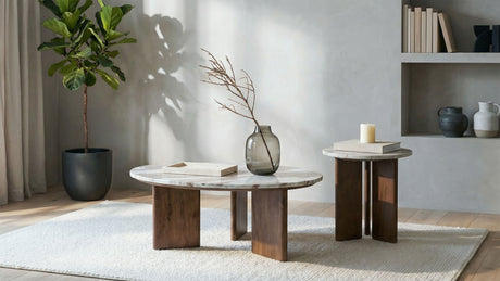 Jenna Round Marble Top Coffee Table & End Table Sets - 2pcs- Coffee Table + End Table