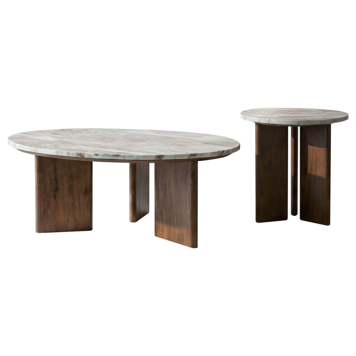 Jenna Round Marble Top Coffee Table & End Table Sets - Solid Mango Wood Angular Legs in Brown – view 14